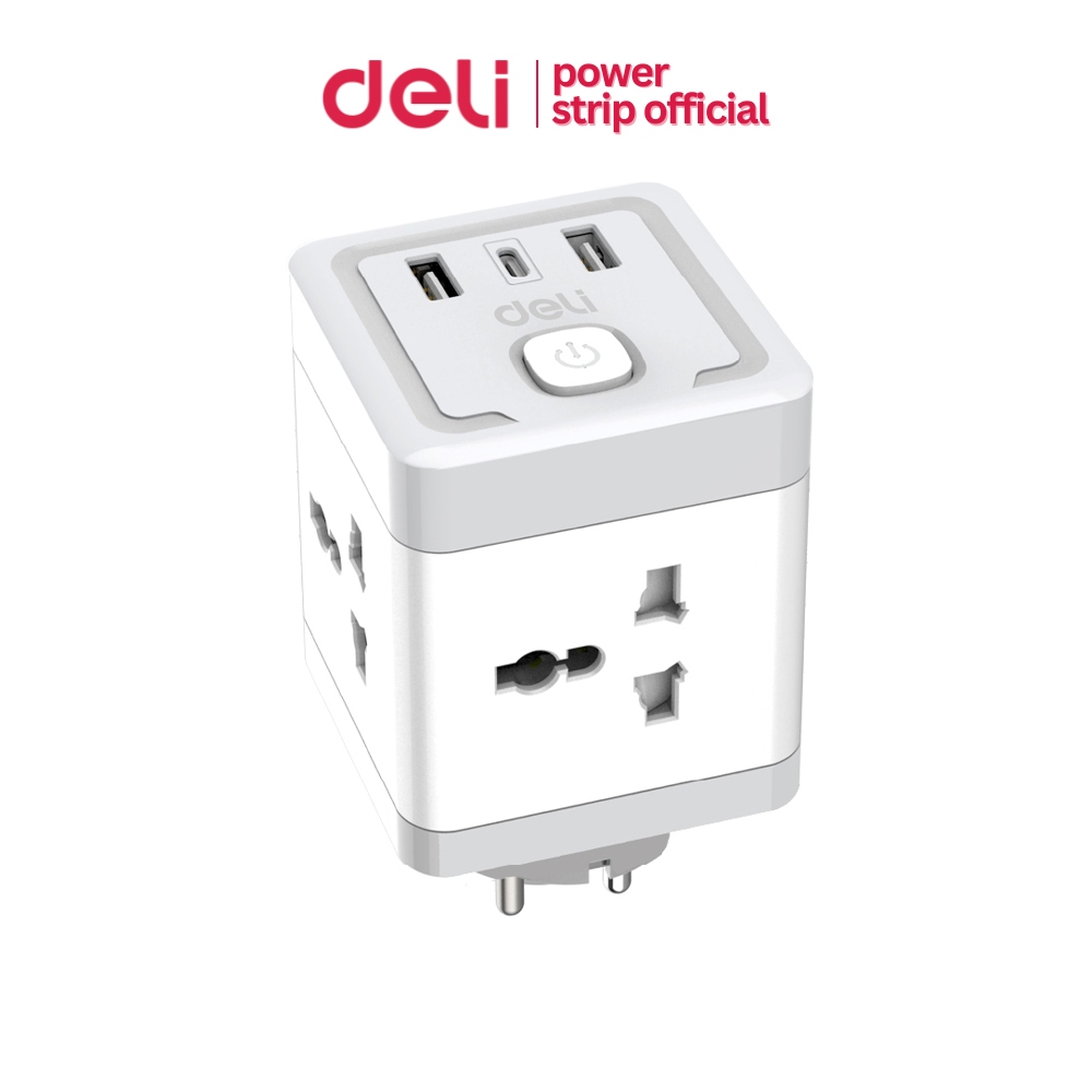 Deli หัวแปลงปลั๊กสากล อแดปเตอร์ ปลั๊กสองขากลม พร้อมช่อง USB-A C มีสวิซต์เปิด-ปิด Socket USB Adapter – โปรปัง