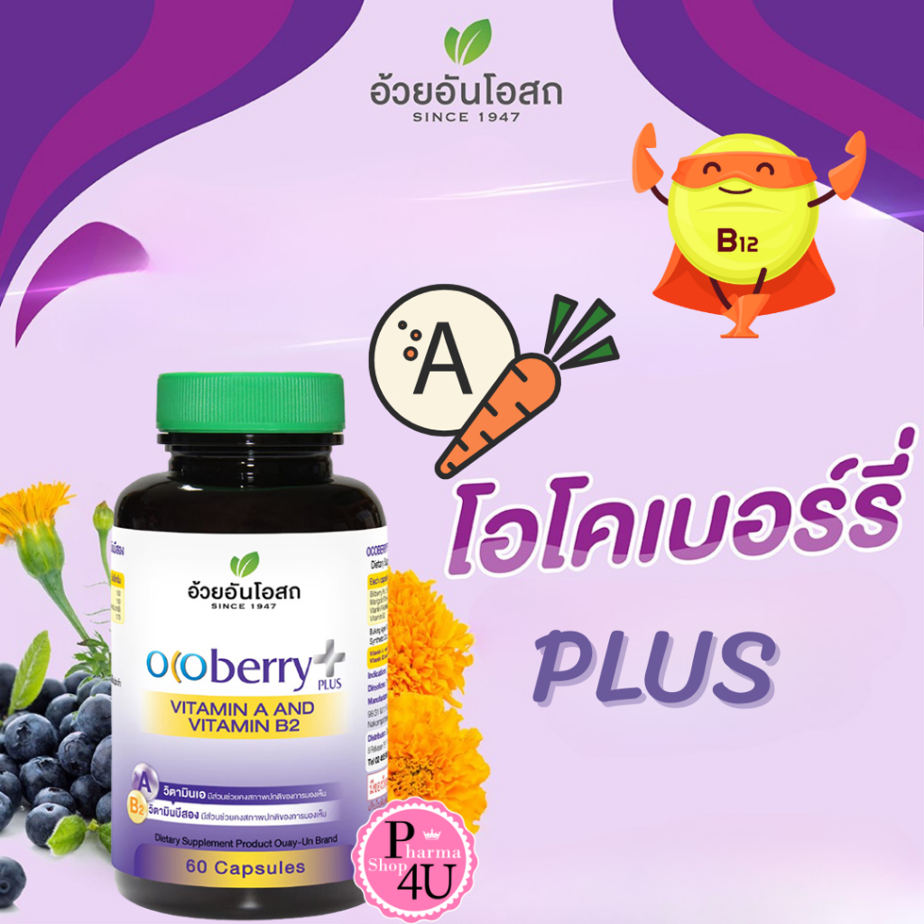 Ouayunosoth (อ้วยอัน โอสถ) OCOBERRY PLUS VIT A+B2 60S โอโคเบอร์รี่ พลัส #13023