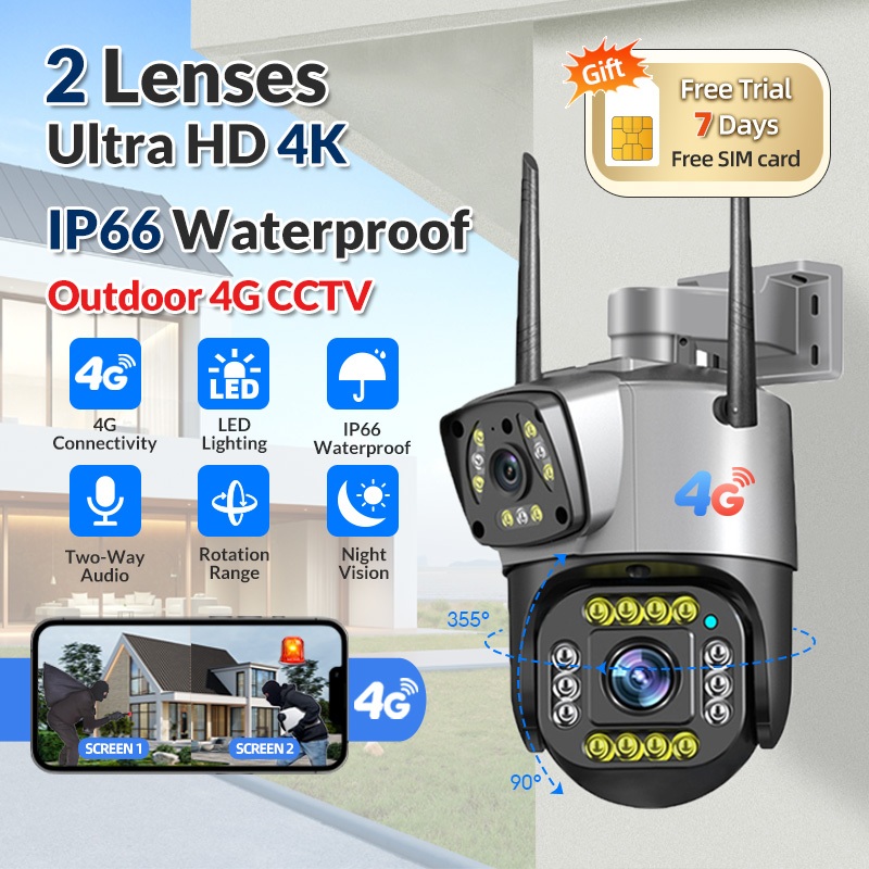 V380 กล้อง CCTV สองตา กล้องใส่ซิม 4G  ความละเอียดภาพ HD 8MP สีเต็มรูปแบบ กันน้ำสำหรับกลางแจ้ง
