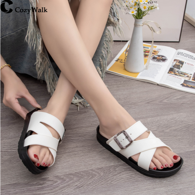 CozyWalk รองเท้าแตะผู้หญิง สายคาดคู่ หัวเปิด พื้นนุ่ม กันลื่น ใส่สบาย สไตล์มินิมอล มี 4 สี