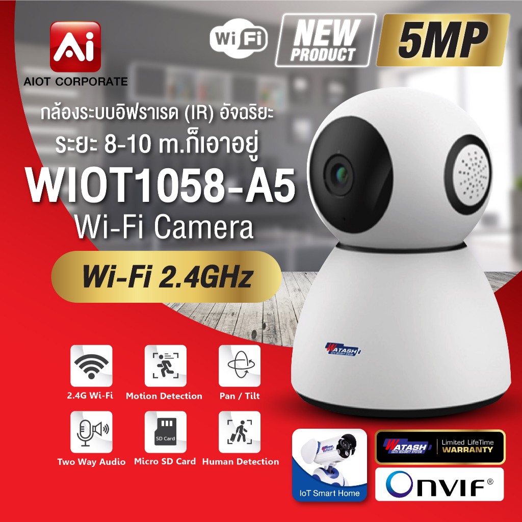 (ใหม่) Watashi iot รุ่น WIOT1058-A5 คมชัด 5 ล้าน WiFi 2.4 GHz มีตรวจจับมนุษย์ พูดคุยโต้ตอบ ประกัน lifetime