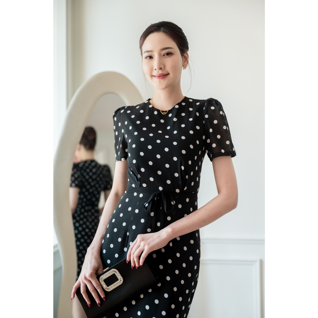 PD366 BLACK POLKADOT DRESS เดรสผ้าชีฟอง คอกลม แขนสั้น กระโปรงบาน ซิปหลัง