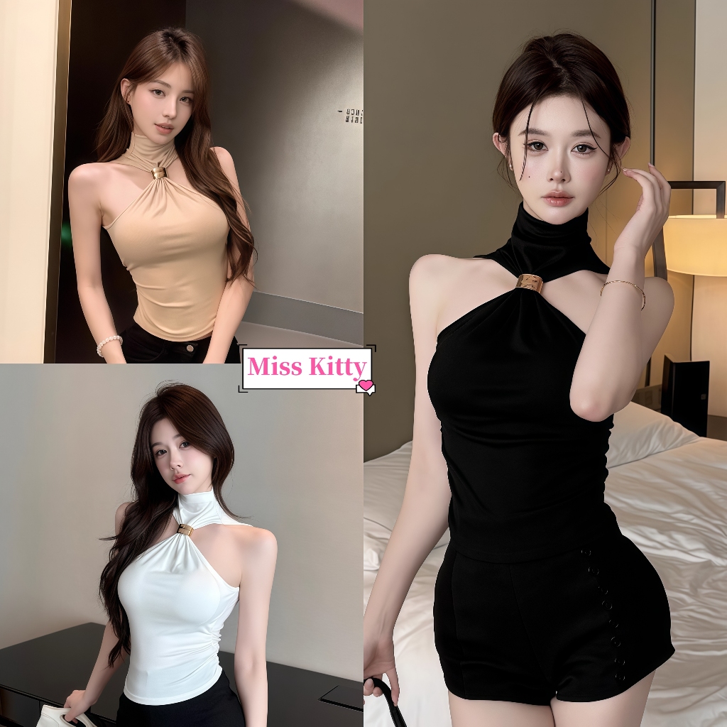 🎀Miss Kitty คล้องคอ แขนกุด เสื้อคล้อง ดีเทลเรียบหรูดูแพง เกาหลีคาวาอี้ สีพื้น ยืดพอดีตัว "FY2970"