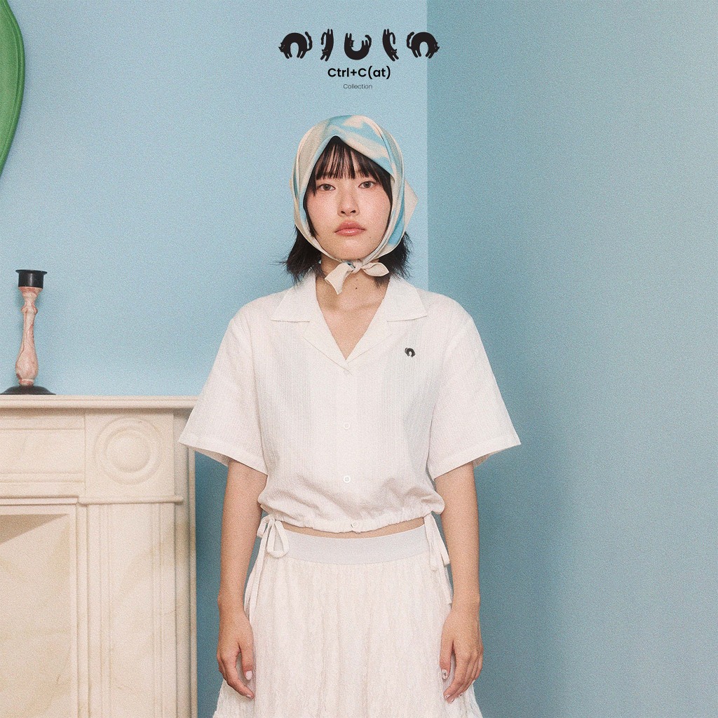 olulo Ctrl+C(at) - Cropped Drawstring Waist Shirt เสื้อเชิ้ตครอป ผูกเอว ปักลายแมว (Free! Arm Patch จ