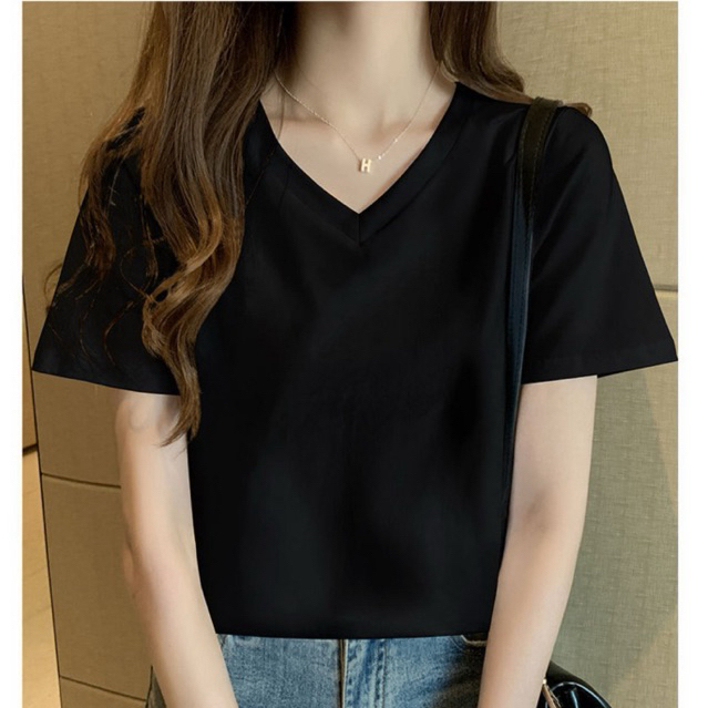 เสื้อยืดสีดำ คอวี คอกลม ผ้าเรยอน เสื้อยืดสีพื้น เสื้อยืดราคาถ