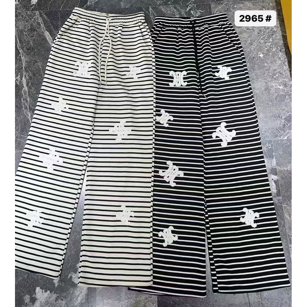 กางเกงขายาวลายริ้ว ลายทางขวาง ลายทาง ปักลายตัวหนังสือ #2916 #2915