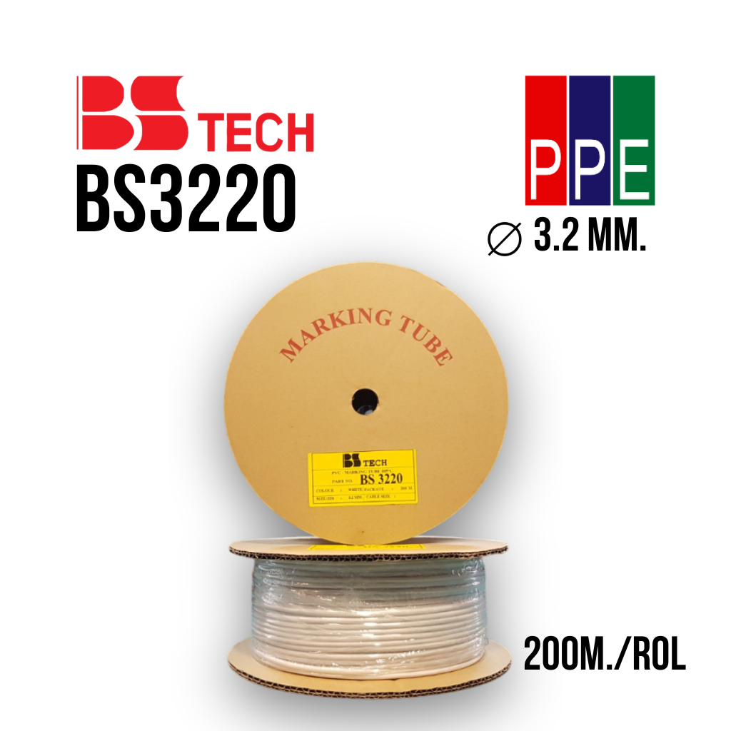 BS3220 [BS Tech] ท่อพิมพ์ปลอกสายไฟ สีขาว ขนาด 3.2 mm. 200M./Rol PVC Marking Tube 3.2 mm.