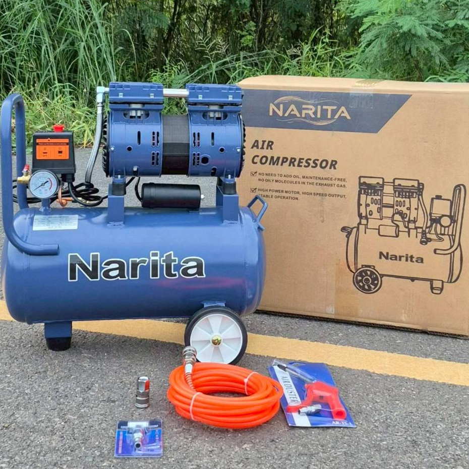 Narita ปั๊มลม 30 ลิตร ปั๊มลมออยฟรี ปั๊มลมไฟฟ้า ถังลม เสียงเงียบ ใช้งานง่าย เคลื่อนย้ายสะดวก 1500 วัต