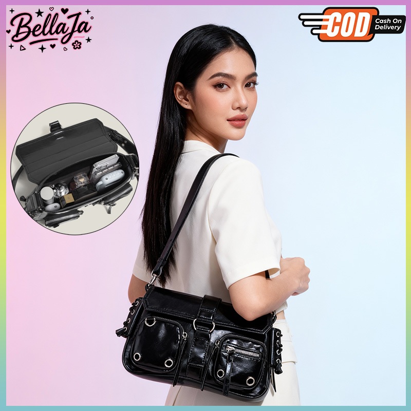 Bellaja ส่งจากไทย กระเป๋าสะพายไหล่ สายสะพายไหล่ยาว กระเป๋าถือ หนังเทียม มีช่องกระเป๋าคู่ สําหรับสตรี