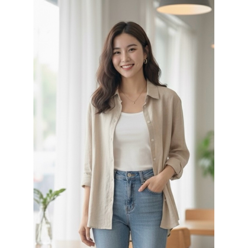 Uniqlo เสื้อเชิ้ตผู้หญิง แขนยาว ผ้าลินิน สีน้ำตาลอ่อน XL