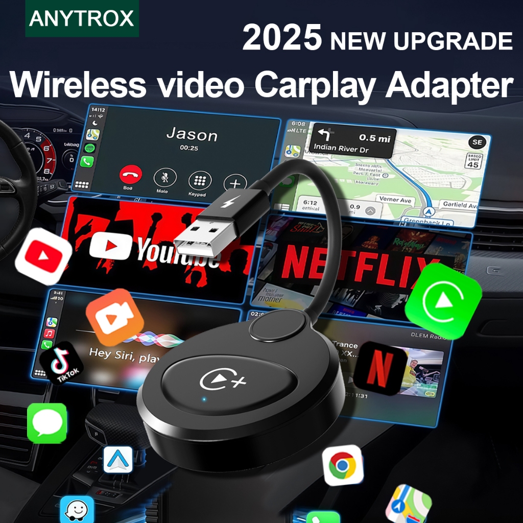 ANYTROX อะแดปเตอร์ Apple CarPlay Dongle, ซอฟต์แวร์วิดีโอในตัวสำหรับการเชื่อมต่อ WiFi รองรับ YouTube