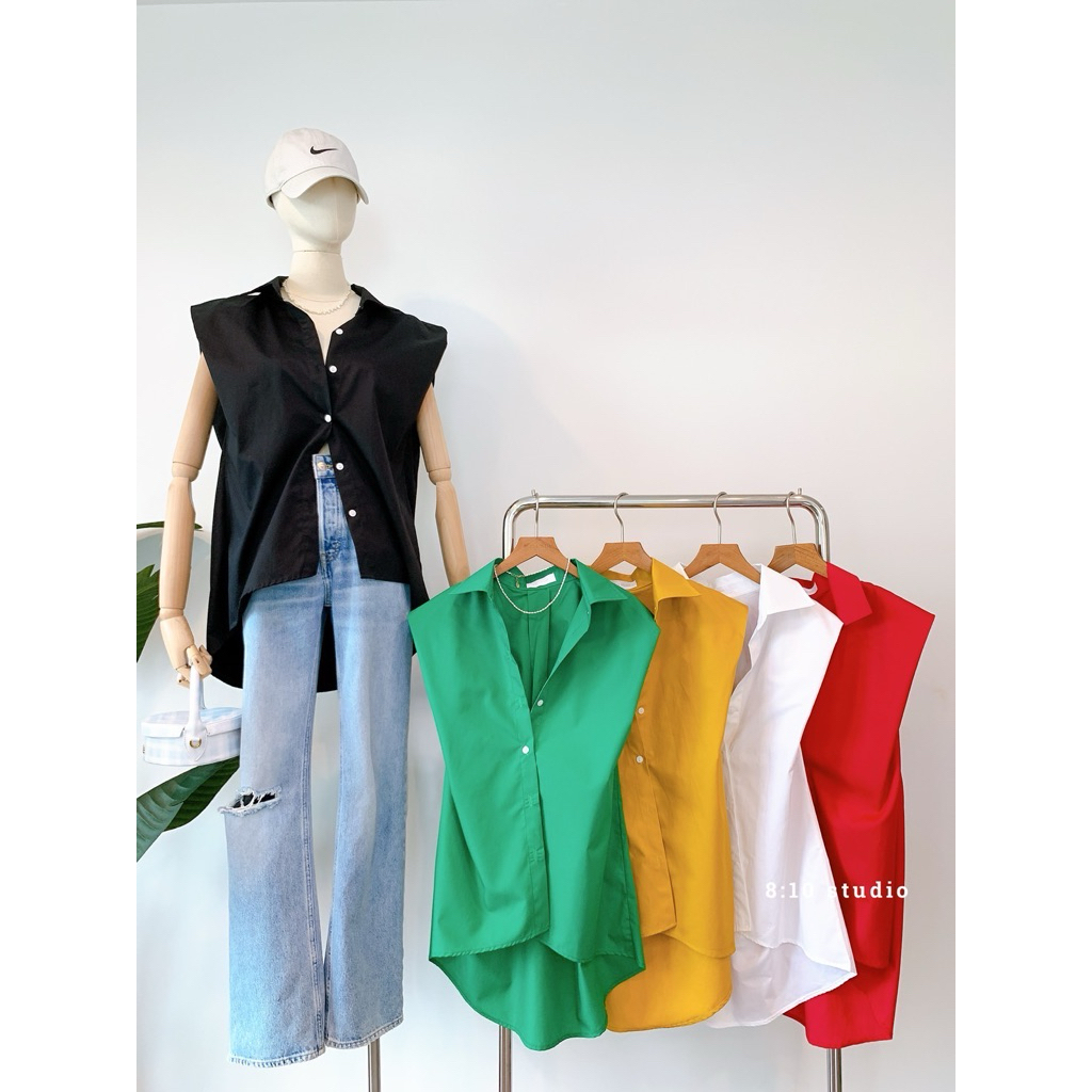 เสื้อเชิ้ตทรงเสริมบ่า แขนล้ำ ผ้าฝ้ายลินิน