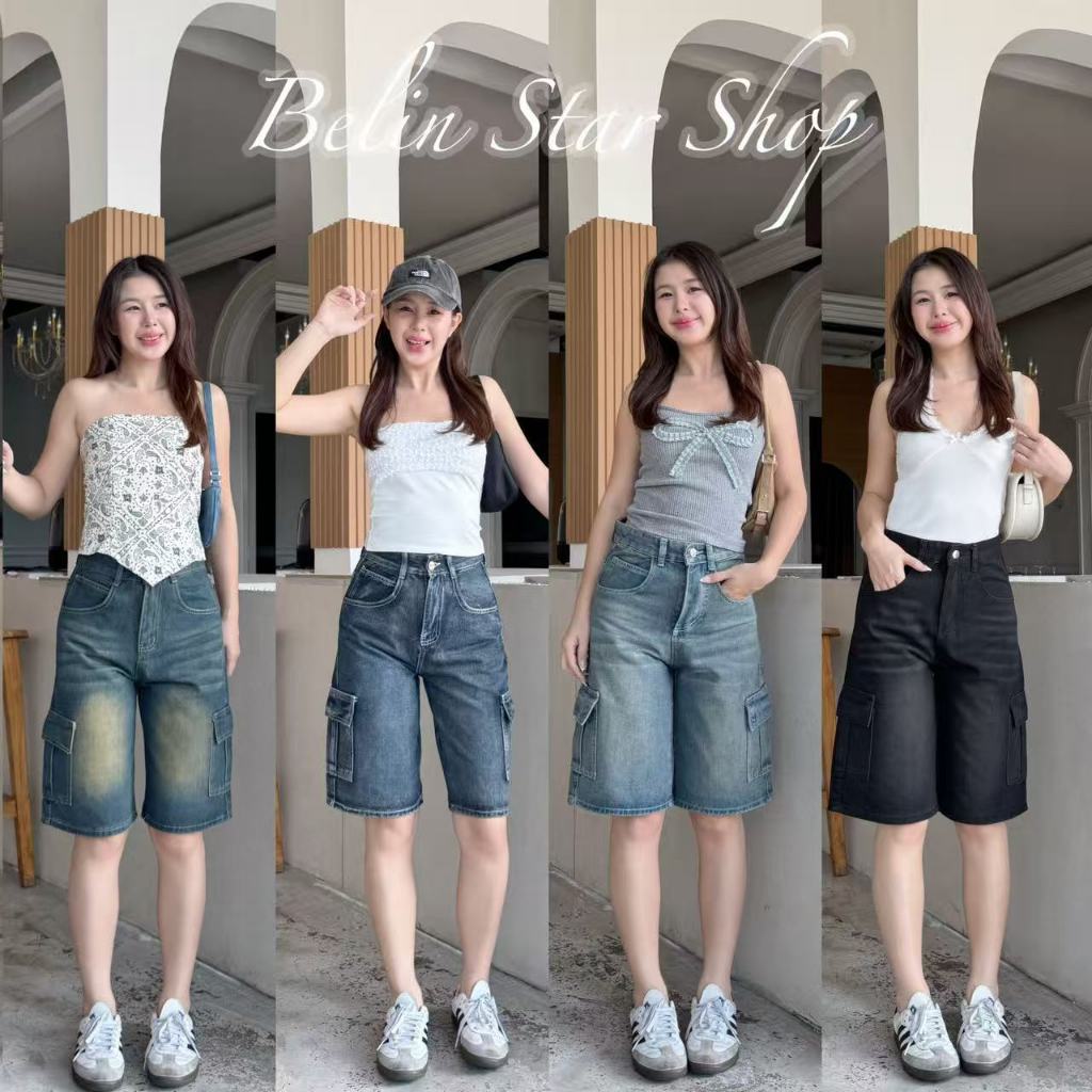 กางเกงยีนส์สามส่วนคาร์โก้ 6กระเป๋า แต่งเฟด ผ้าไม่ยืด