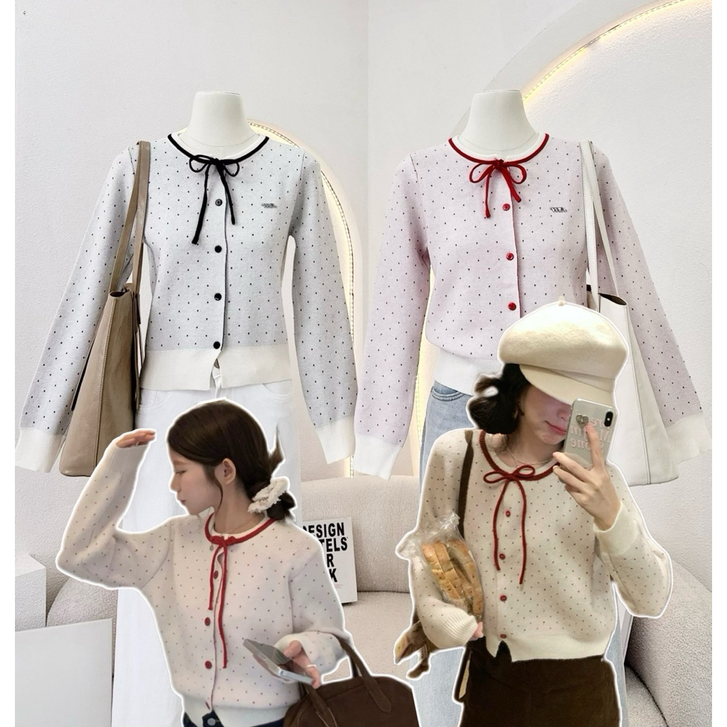 WA YA ป้ายน้องใหม่ เสื้อผ้าไหมพรมแขนยาวลายจุดมีดีเทลผูกคอ คัดติ้งมาอย่างดี เป๊ะพรีเมียม