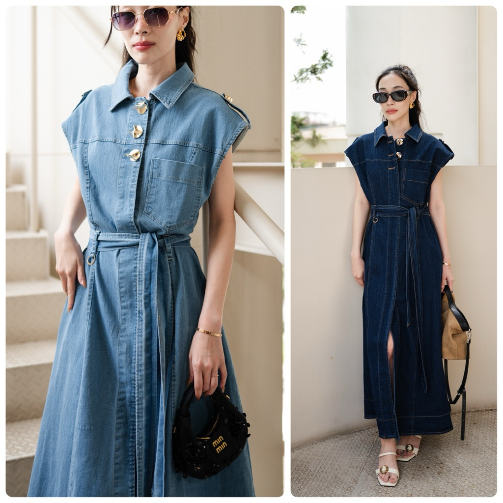 Vshop #8863-7  เดรสยีนส์แขนกุดกระดุมทอง+เชือกยีนส์