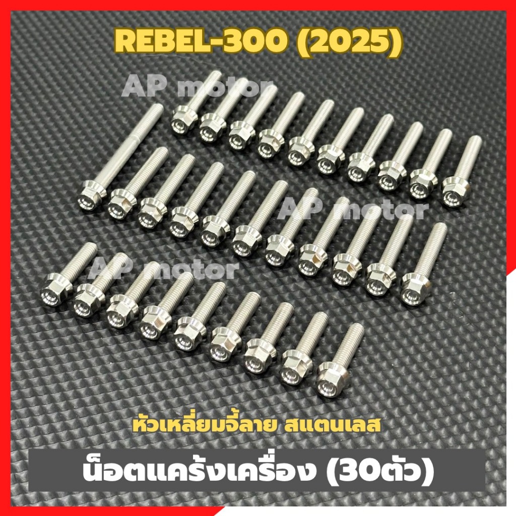 น็อตแคร้งเครื่องREBEL-300 ปี2025 (30ตัว) หัวเหลี่ยมจี้ลาย สแตนเลส น็อตแคร้งRebel น็อตเครื่องRebel ชุ