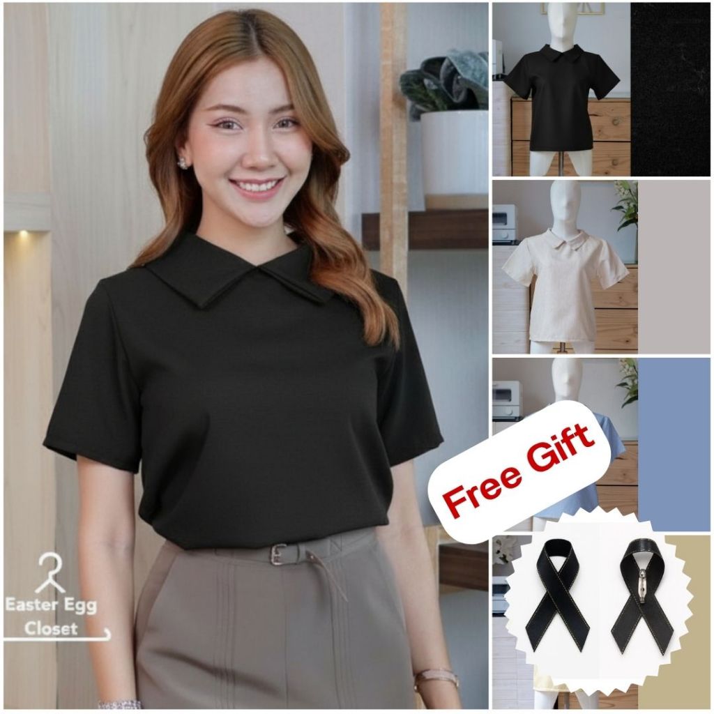 B17 เสื้อทํางานผู้หญิง แขนสั้น คอปก สไตล์มินิมอล ทรงน่ารักมาก ผ้าสวย มี Texture Easter Egg