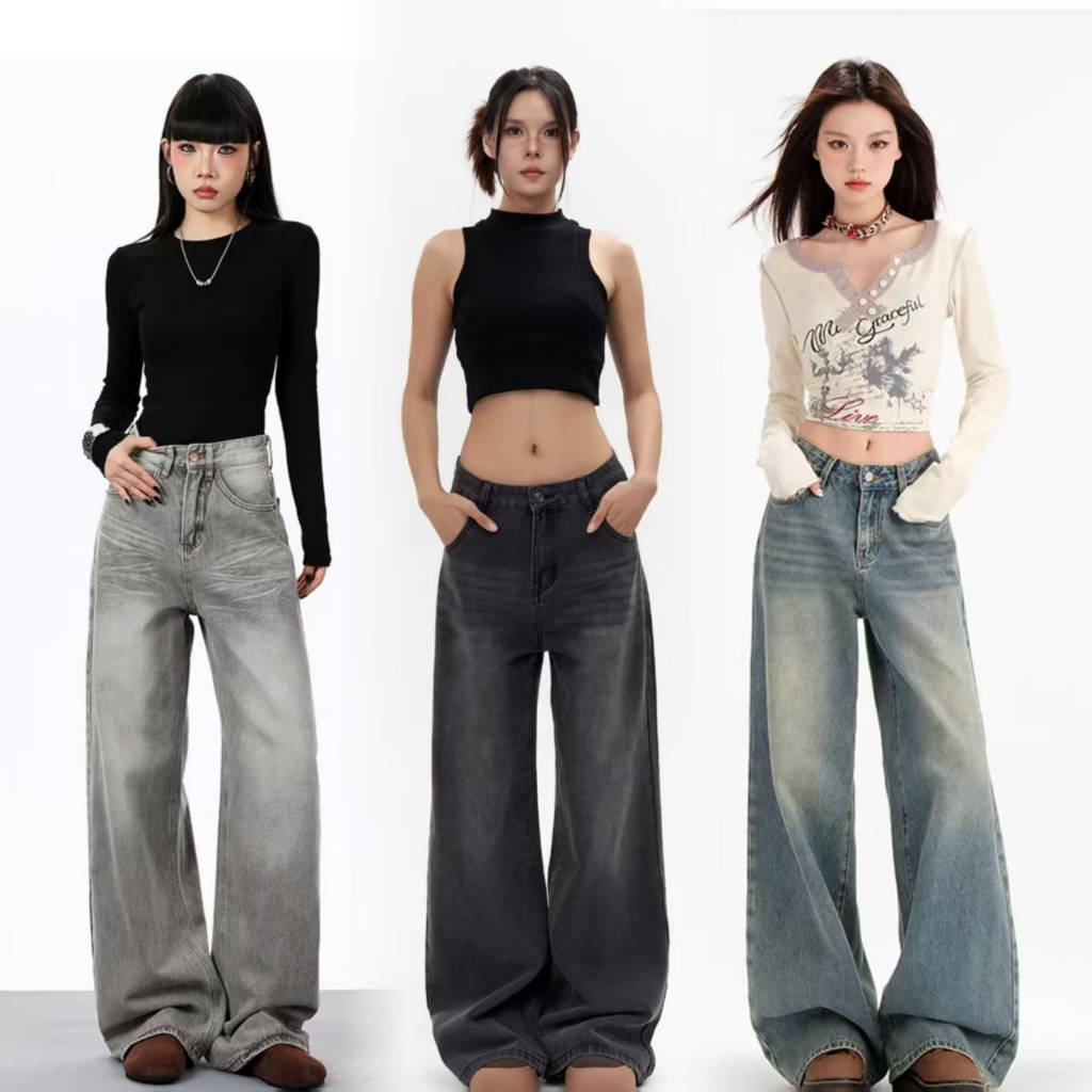 🔥919nn🔥กางเกงยีนส์ผู้หญิง กางเกงขากว้าง ผ้ายีนส์นิ่ม ทรงสวย ทรงหลวม ยืดได้