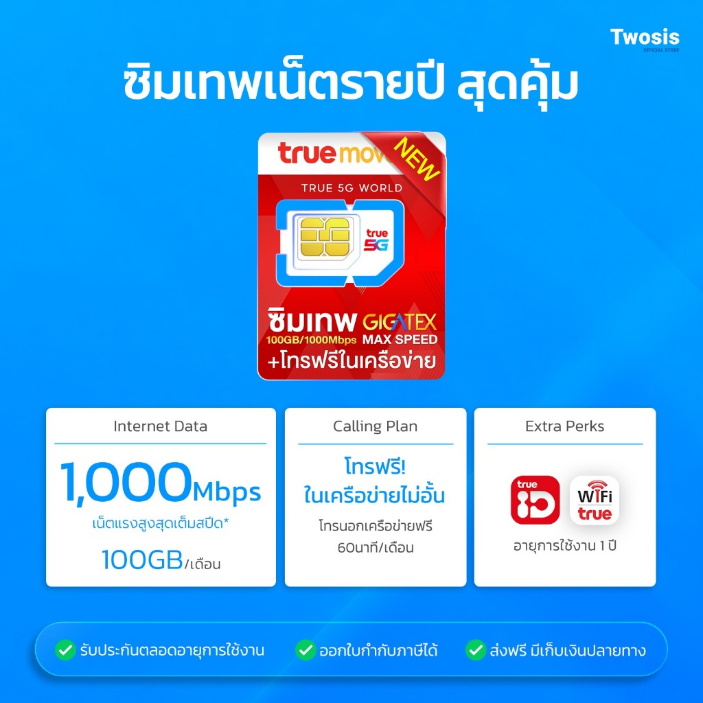 ซิมเทพทรู MaxSpeed ได้เน็ต100Gb /เดือน โทรฟรีไม่อั้นทุกเครือข่าย ใช้ได้ยาว12 เดือน ส่งเร็ว ออกใบกำกับภาษีได้ Bywosis