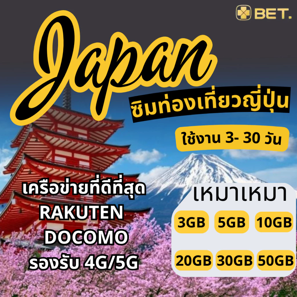 Japan Sim ซิมญี่ปุ่น เครือข่ายRakuten/Docomo 4G/5G เน็ตเต็มสปีดเริ่มต้น 3GB-30GB