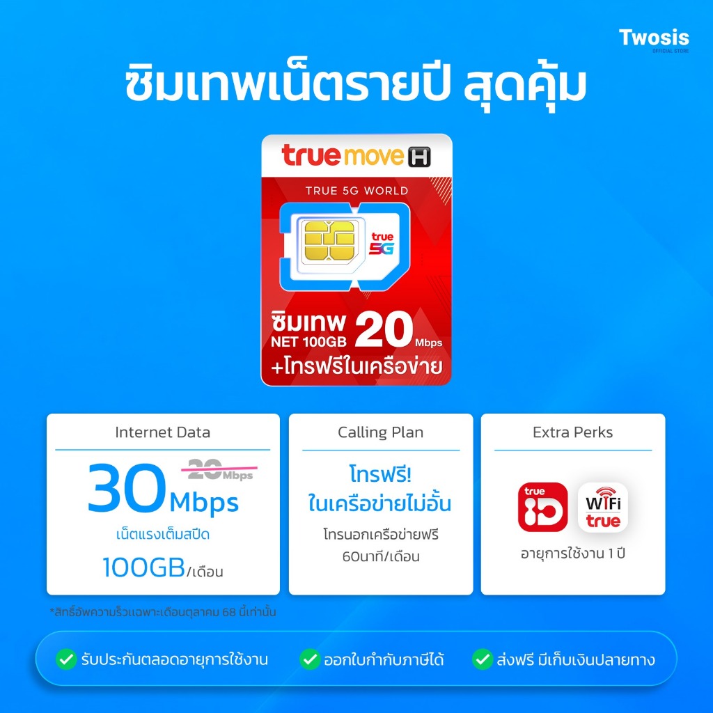 True 30Mbps 100GB ซิมสุดคุ้มรายปี ซิมเทพ ซิมเทพทรู ความเร็ว 20Mbps ซิมเน็ต  ByTwosismbk