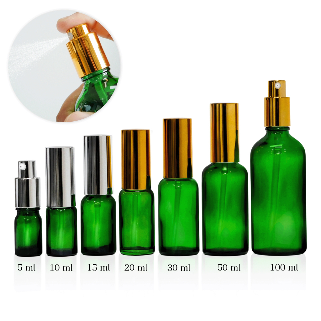 ขวดแก้วสีเขียว YB18-G* 5-100ml หัวสเปรย์พ่น หัวปั๊ม ใส่น้ำมัน ใส่น้ำหอม พร้อมส่งจากไทย ราคาถูก
