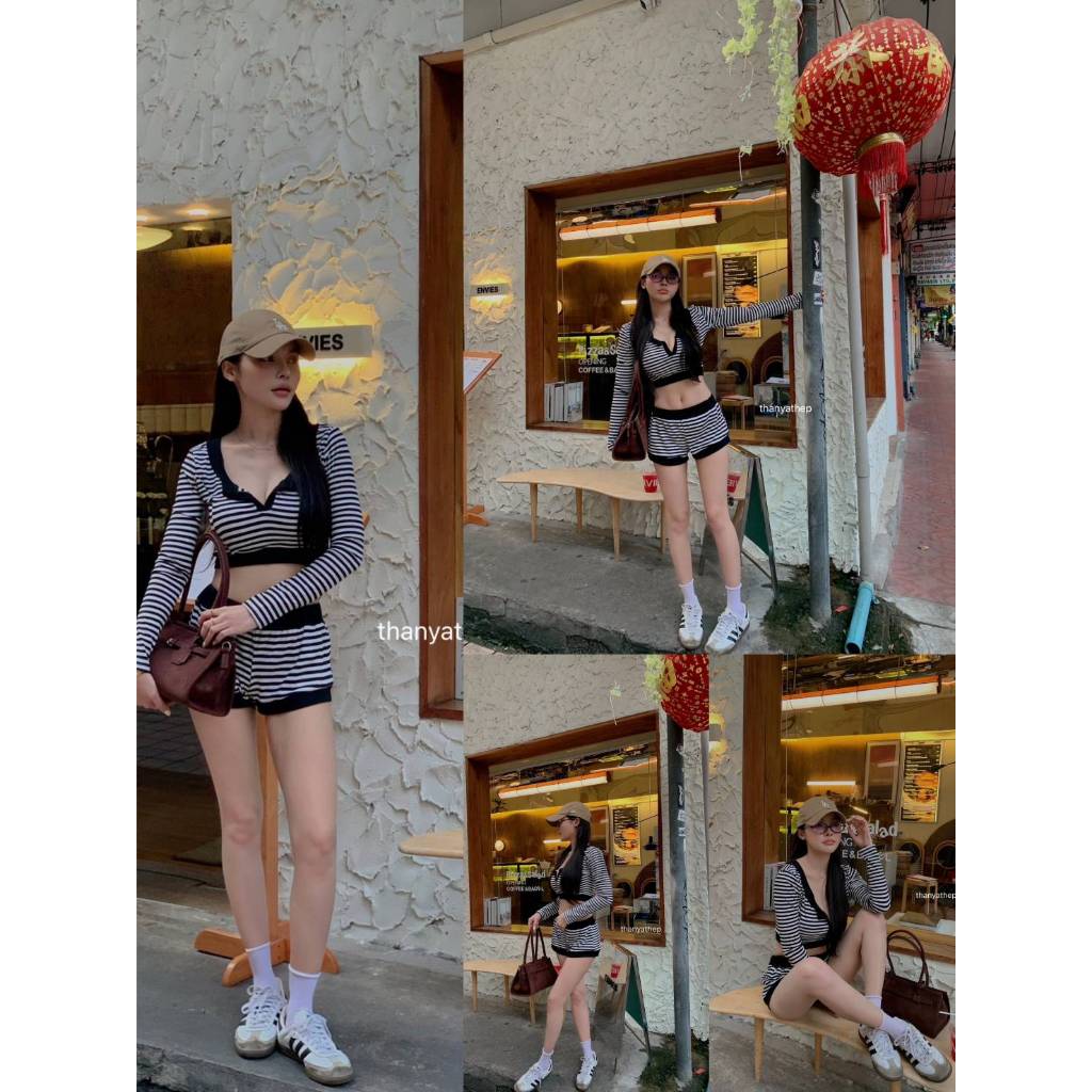 【THANYATHEP】 TYT 8873 เซท2ชิ้นเสื้อแขนยาวคอยู ลายริ้วมาพร้อมกางเกงขาสั้นสุดฮิต แต่งทูโทนใส่ได้ตลอด
