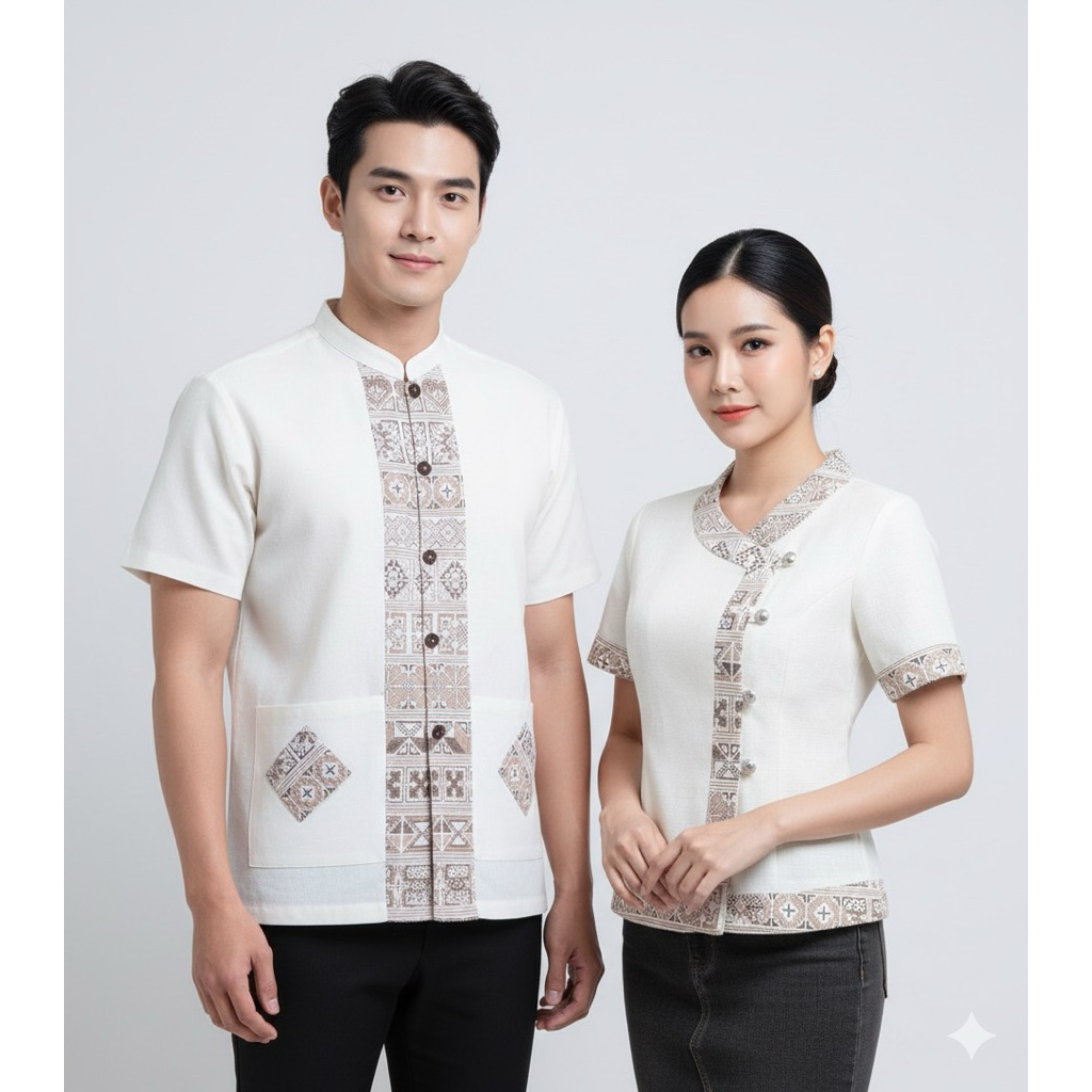 เสื้อเชิตขาวผ้าฝ้ายแท้ตกแต่งผ้าทอลายหมี่คู่ชายหญิง