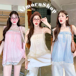 🔥aimorn_shop🔥มินิเดรส สายเดี่ยวผูกไหล่ เดินขอบลูกไม้น่ารักมาก ผ้าใส่สบายสุดๆ
