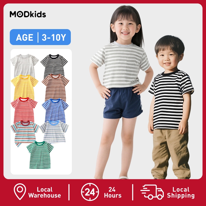 【พร้อมส่งจากกรุงเทพ】🚀 เสื้อเด็กแขนสั้น ลายทาง นุ่มสบาย เสื้อคอกลม สีสันสดใส 3-10