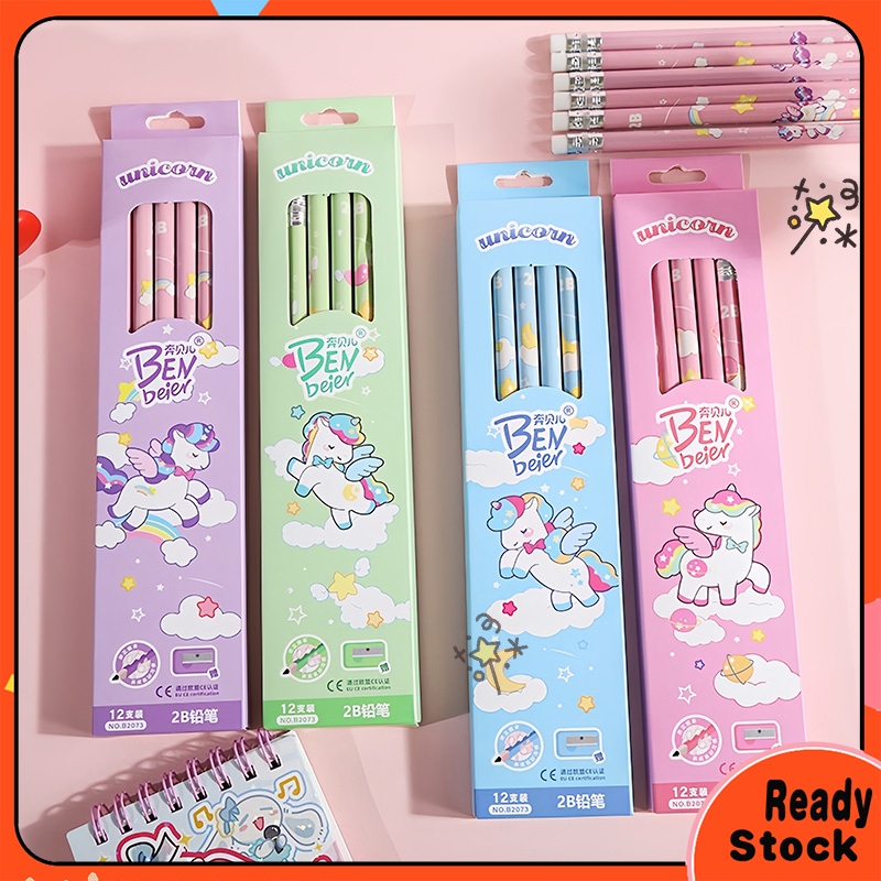 พร้อมส่ง นักเรียนดินสอ (12แท่ง) ชิ้น 2B ดินสอไม้เขียนเครื่องมือวาดภาพการ์ตูนอะนิเมะเครื่องเขียน SANRIO