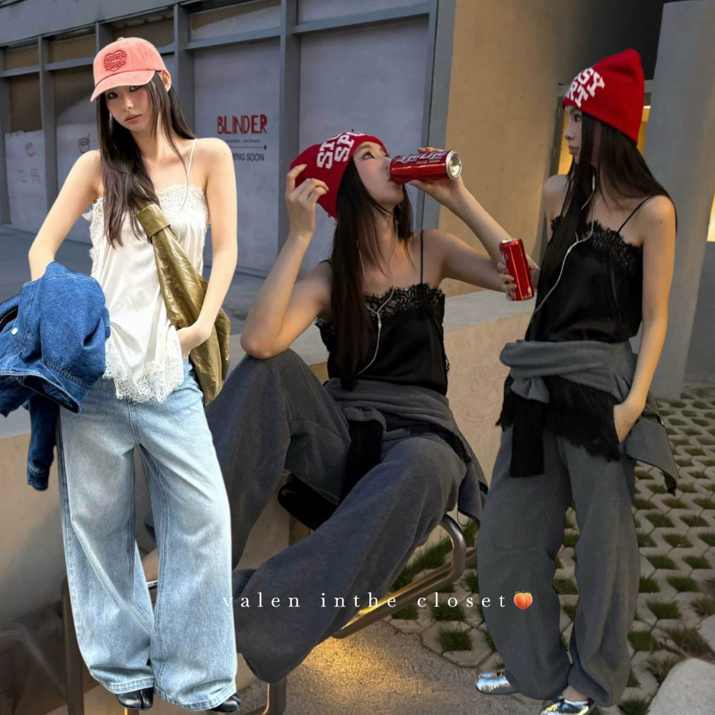 ส่งด่วน 🛵 MMFISH  25T615 𝗟𝗔𝗖𝗘 𝗪𝗛𝗜𝗦𝗣𝗘𝗥 𝗖𝗔𝗠𝗜 เสื้อสายเดี่ยวลูกไม้แต่งขอบรอบตัว ดีเทลลูกไม้ลายสวยละเอียด