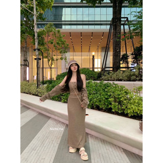 Set 3 ชิ้น - เกาะอกแต่งกระดุมกะลา - เสื้อคลุมแขนยาว ครอป - ก…