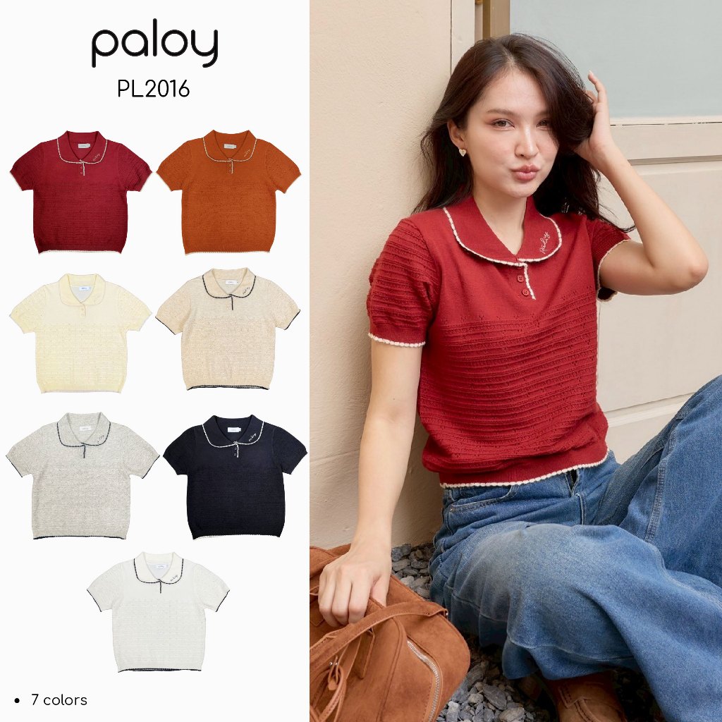 Paloy - PL2016 เสื้อโปโลไหมพรมแขนสั้น คอบัวขอบหยัก แต่งกระดุม