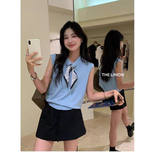 เสื้อถักแขนกุด สไตล์เกาหลี คอปกโบโล เสื้อยืด สำกรับผู้หญิง ฤดูร้อน บางไม่ร้อน สง่างาม ใหม่ล่าสุด M2378
