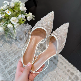 White Blossom Heels รองเท้าลูกไม้ขาวปักมุก ฟีลเจ้าสาวในฝัน สูง 3 นิ้ว มี 2 สี ดำ/ขาว พร้อมส่ง P08