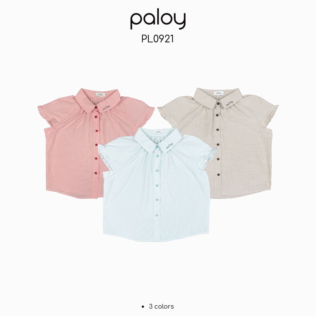 Paloy - PL0921 เสื้อเชิ้ตแขนสั้นคอบัว แต่งระบายแขน กระดุมดอกไม้