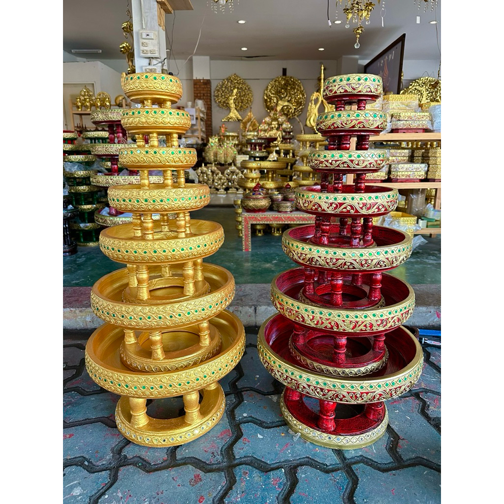 ชุดขันโตก 7 ชั้น 4-14 นิ้ว สีแดงทำเก่า ลายไทย เขียนทอง