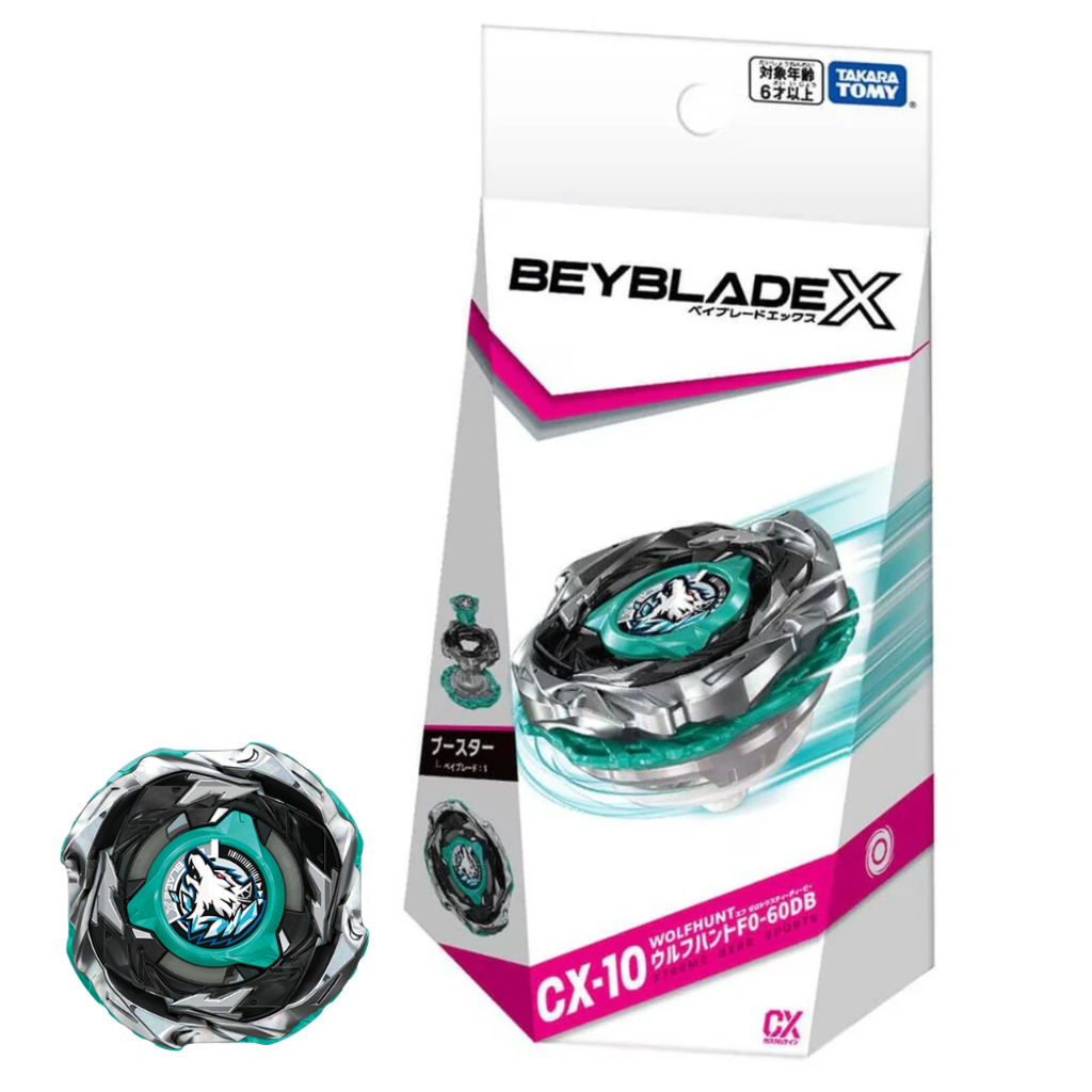 Beyblade X CX-10 Wolf Hunt F0-60DB จาก Takara Tomy ซึ่งเป็นของเล่นลูกข่างที่ใช้ในการต่อสู้