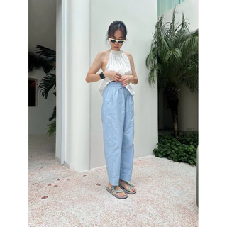 Pastelsmotel - Paper barrel pants. กางเกงเอวยืด ทรงbarrel ขาโค้ง ผ้าคอตตอนผสมไนลอน
