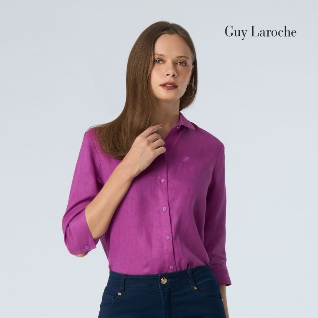 Guy Laroche Woman's shirt Light linen เสื้อเชิ้ตผู้หญิง แขนสามส่วน สีม่วง G9U1WI