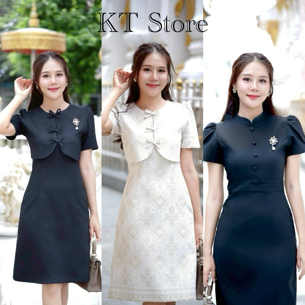 [ทักเช็คไซส์ก่อนสั่ง] ชุดเดรสผ้าไทยทอลาย อัดกาว แต่งโบว์