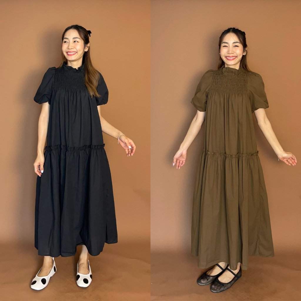 CHAWY Classic Smock Midi Dress – C4775 เดรสยาวสีดำ เดรสยาว มี 2 สี ดำ น้ำตาล