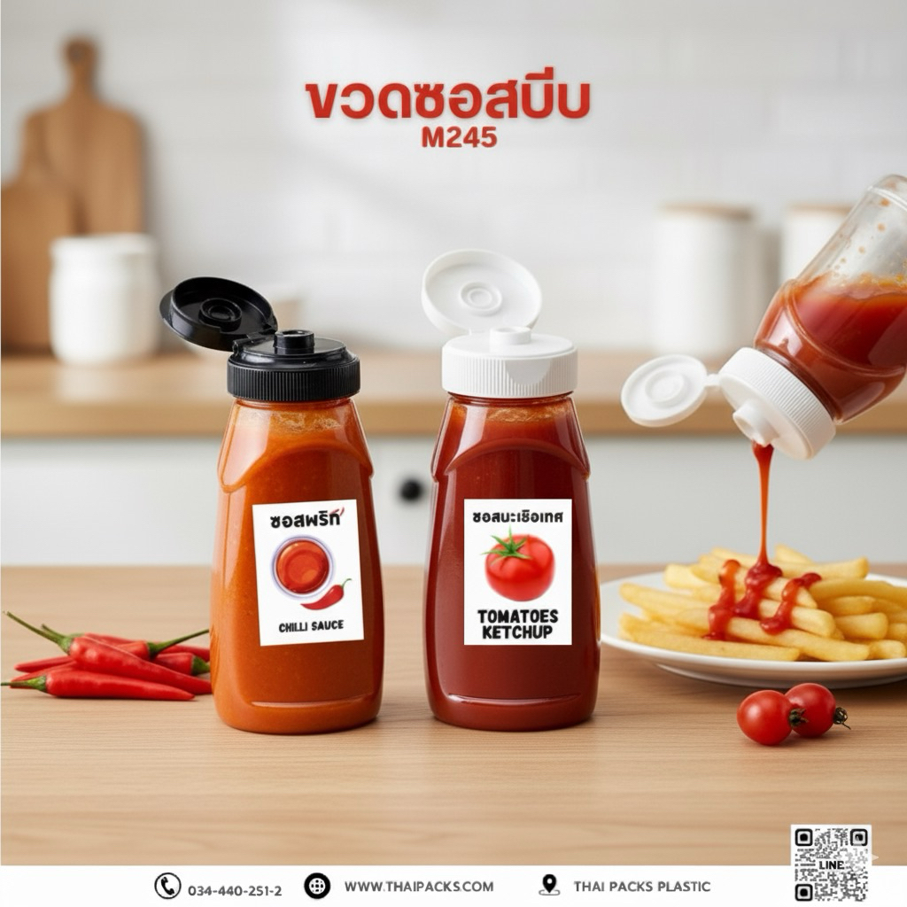 ขวดซอสบีบ 300 ml M245 (ปาก38 mm) (ฝาซอสบีบใส่ฟอยล์) ฟรีสติ๊กเกอร์ ✅