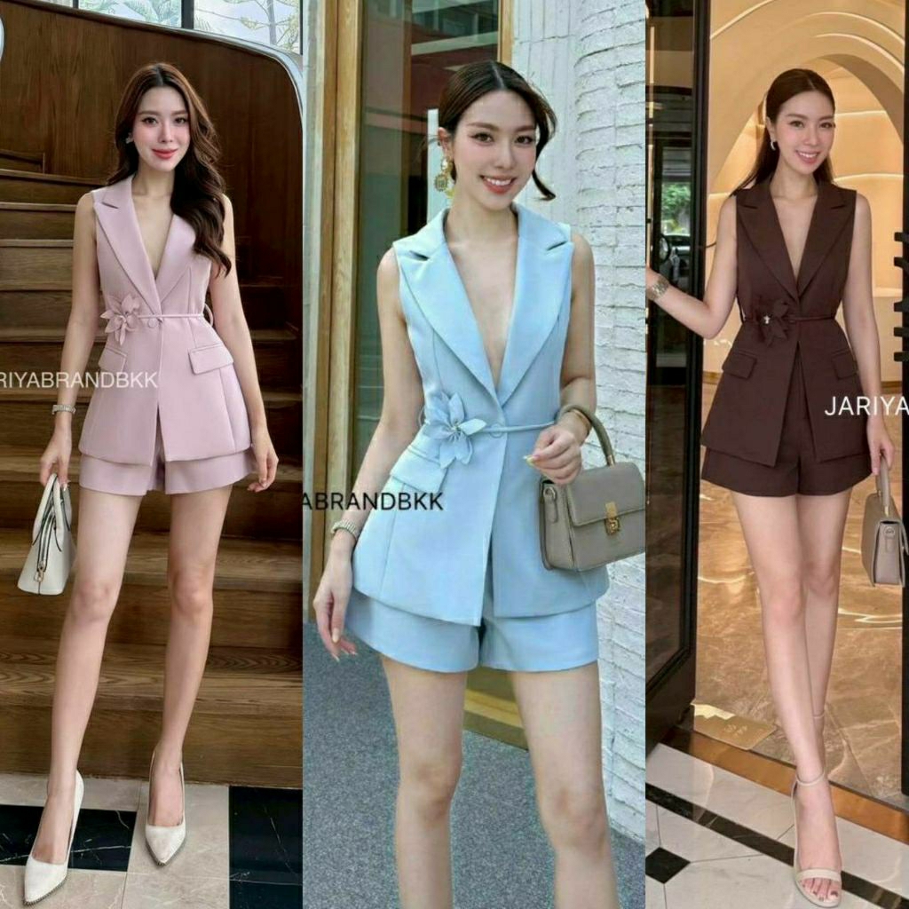(S-XL)  Jariya  📣พร้อมส่งชุดเซ็ท3ชิ้นเสื้อคอปกแขนกุด+กางเกงขาสั้น+เชือกคาดเอวดอกไม้ทรงสวยผ้าสูทขึ้นท