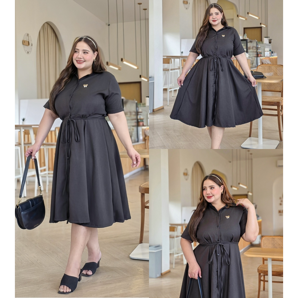Dress เดรสเชิ้ต สีดำ ( อก 38-60 )มีเชือกผูกเอว ทรงสวย ผ้าใส่สบาย ใส่ได้ทุกโอกาส เสื้อผ้าสาวอวบอ้วน พลัสไซส์ ไซส์ใหญ่