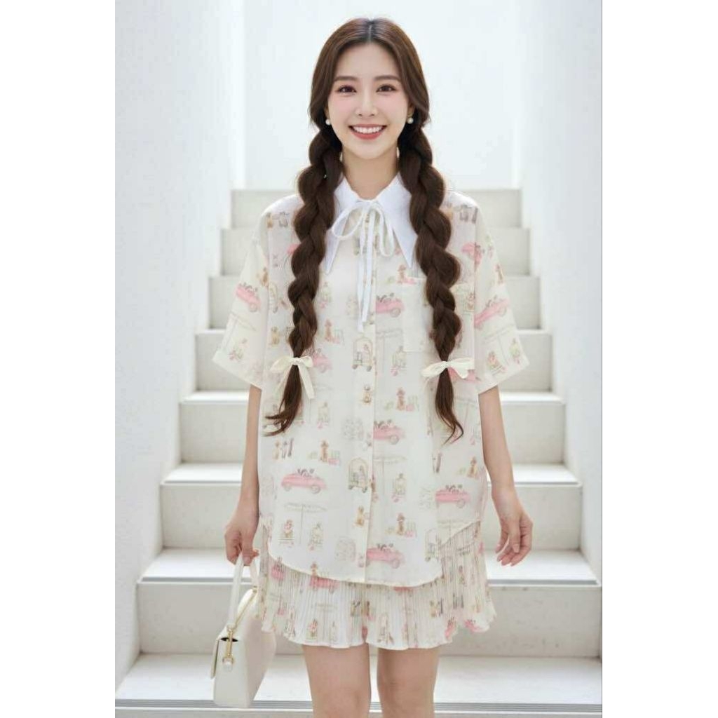 Set Skirt ชุดเซตเสื้อปกขาว+กระโปรงพลีท ลายน่ารัก อก44"