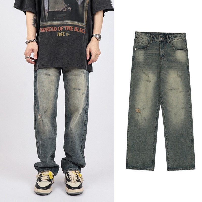 Henary กางเกงยีนส์ทรงตรงผู้ชาย สไตล์วินเทจ มีการสร้างความเสื่อมสภาพ ขนาด M-3XL