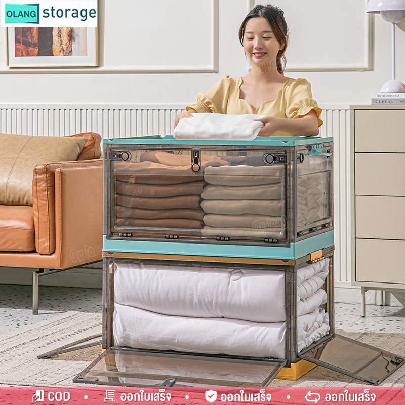 Oy กล่องพับได้ กล่องเก็บของพับได้แบบโปร่งใส มีล้อ 4 ด้าน พลาสติกแข็งแรง พับเก็บง่าย ซ้อนกันได้ ประหยัดพื้นที่