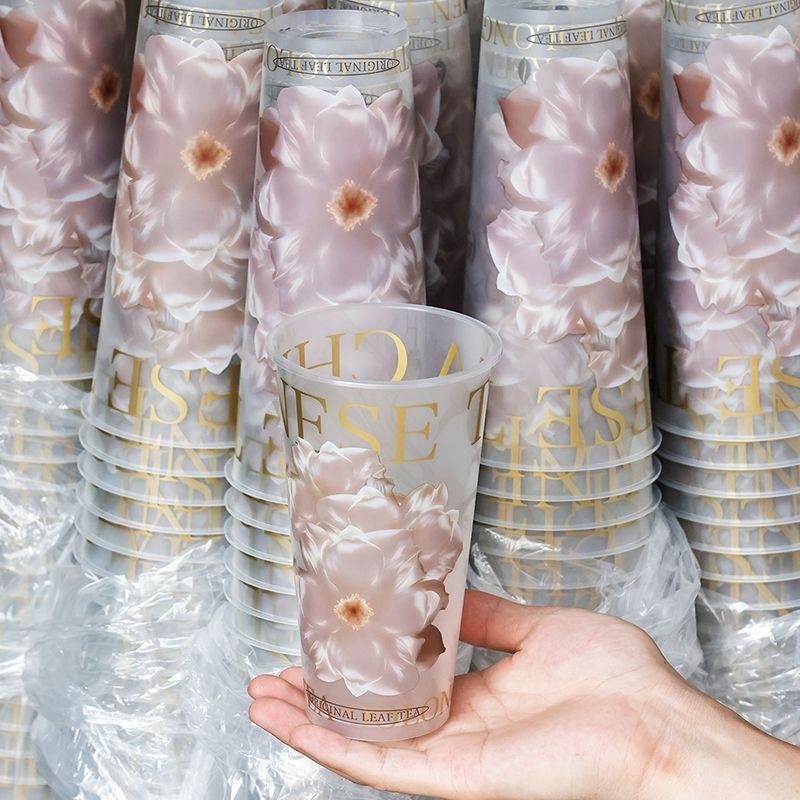 (10ใบ)แก้วพลาสติก PP หนาพิเศษ ลายดอกไม้สุดหรู 520ML / 650ML แก้วชานม แก้วกาแฟ แก้วเครื่องดื่มเย็น พร้อมฝาปิด - รูปที่ 3